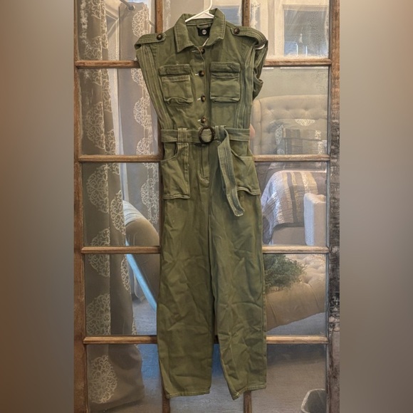 Boohoo Contrast Stitch Utility Khaki Denim Jumpsuit - Size US 4 - Picture 1 of 5
